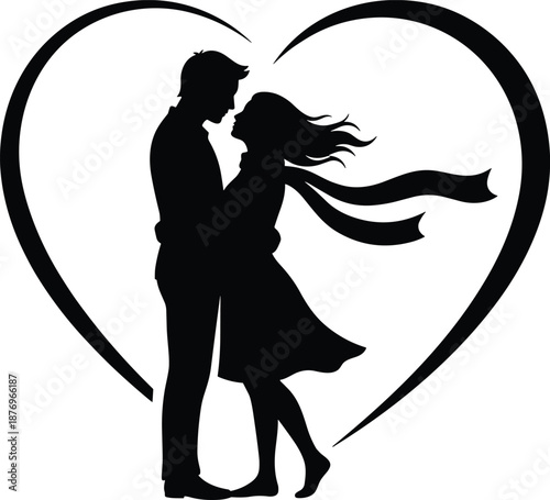 Romantic couple silhouette embracing inside heart shape, love relationship illustration for Valentine’s Day designs, wedding themes, romantic celebration artwork and decorations