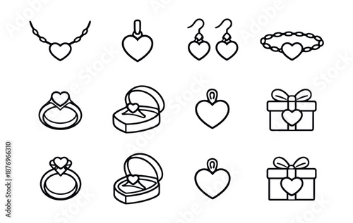 Heart and jewelry line icons set