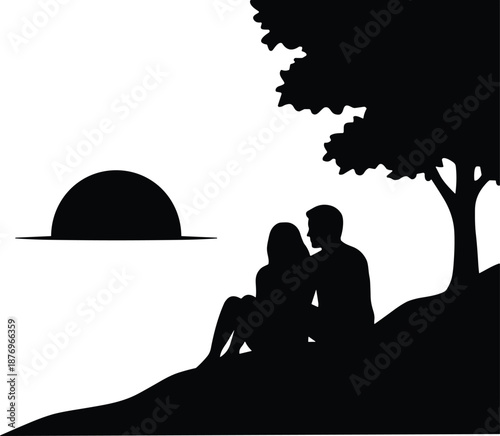 Tableau sur toile Romantic couple sitting together under tree watching sunset, peaceful love scene