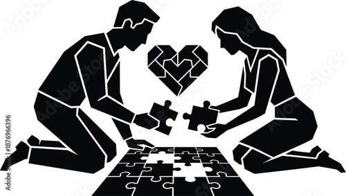Romantic couple solving puzzle together silhouette, love, teamwork, connection, relationship harmony concept, problem solving partnership, black white vector illustration