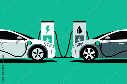 Electric Car vs Gasoline Car in Modern Minimalist Illustration with Green Background for Environmental Awareness
