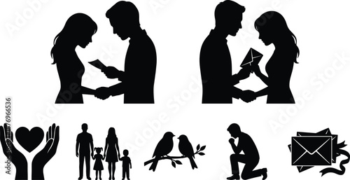 Romantic love silhouette icon set with couple exchanging letters, proposal, family symbols, hearts, relationships concept, black white vector illustration