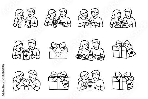 Gift-giving couple line drawings