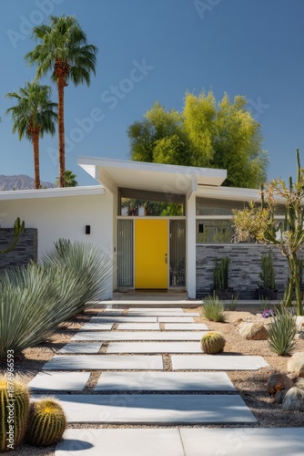 A contemporary house showcases a vibrant yellow door that beautifully contrasts with the surrounding desert plants, all basking in a sun-drenched setting