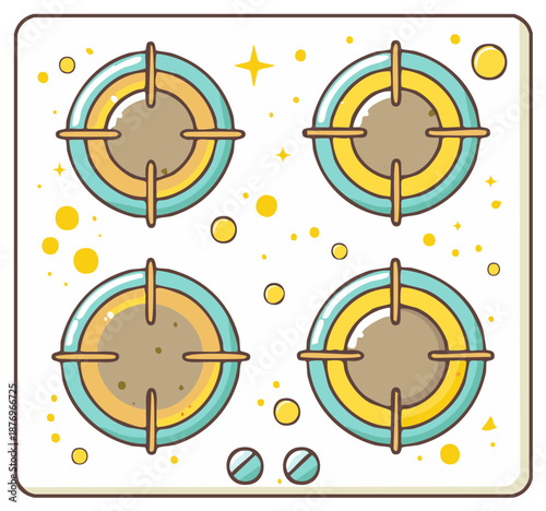 Sparkling clean and dirty gas stovetop cartoon illustration showing before and after cleaning effect