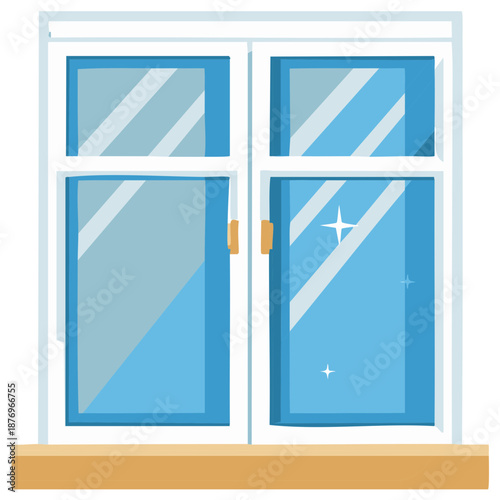 Modern glass window panes with reflective surfaces and wooden handles