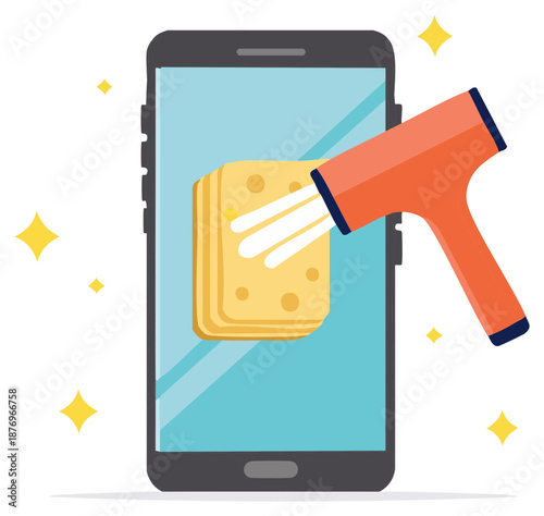 Smartphone screen cleaning and disinfection concept illustration with sponge and spray bottle. Mobile device hygiene and care.