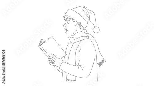A simple line drawing of a person wearing a santa hat and singing carols