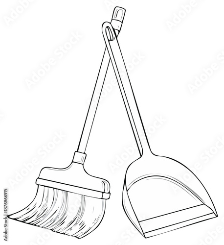Monochrome illustration of a broom and dustpan crossed over each other.