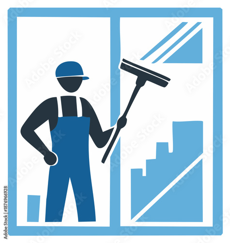 Professional cleaning service worker washing building window with squeegee and city view