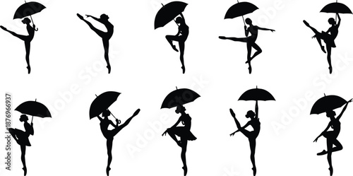 Silhouette ballerina dancing with umbrella, graceful ballet poses and elegant movement, female dancer figures performing artistic rain inspired dance isolated on white background