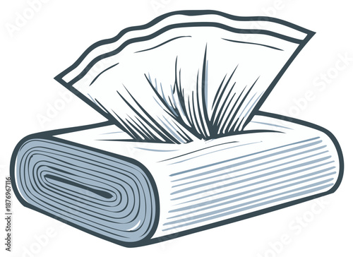 Hand-drawn tissue box illustration with tissues pulled out, a minimalist design.