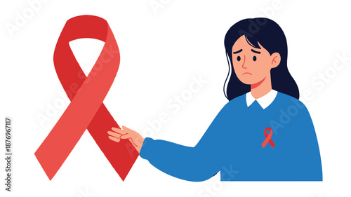A young woman looks sadly at a red ribbon symbolizing aids awareness and support
