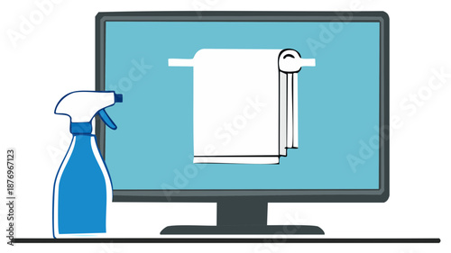 Computer Monitor with Cleaning Spray Sanitizing concept for health care and maintenance