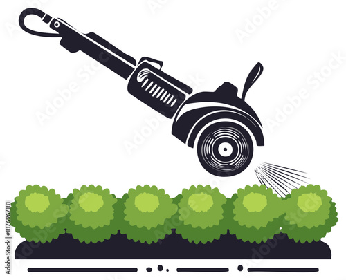Lawn care concept with wheeled string trimmer edging a manicured garden hedge vector illustration