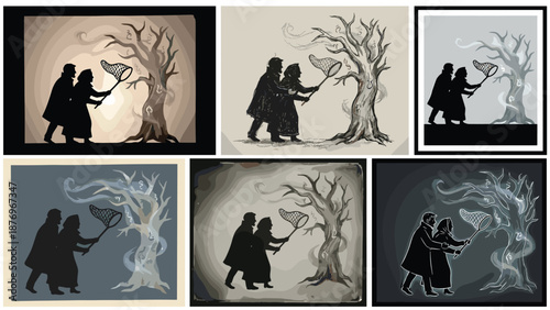 Silhouette couple catching dreams from enchanted tree, magical illustration of hope and love, fantasy art symbolizing imagination and wonder