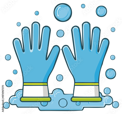 Cartoon illustration of blue rubber gloves in soapy water with bubbles for cleaning