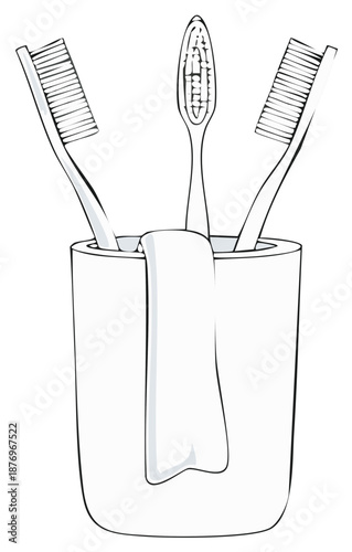 Toothbrushes in Cup with Towel Simple Outline Style Bathroom Items