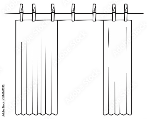 Simple line art illustration of curtains and clothespins hanging on a line