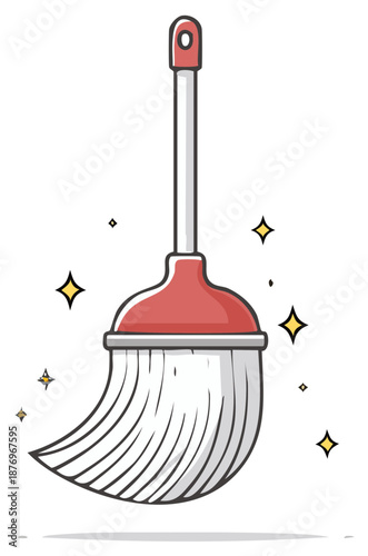 Cute cartoon broom sweeping with magical sparkles, vector illustration for cleaning concept