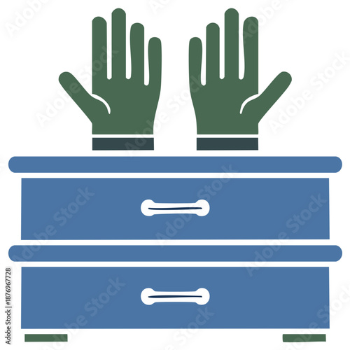 Green rubber gloves on top of a blue two drawer dresser minimalist vector icon