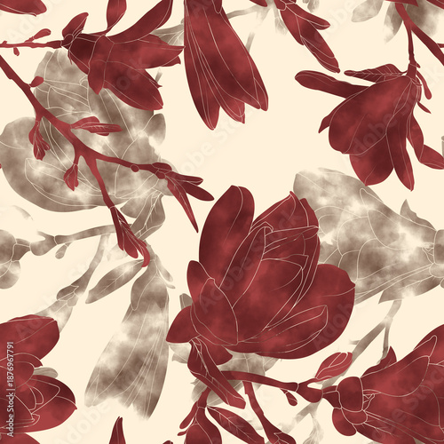 autumn red watercolor leaves background, beautiful cream background seamless pattern
