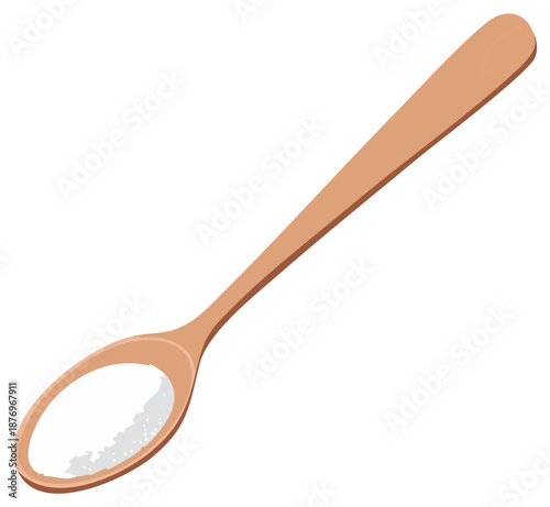 Wooden spoon holding a small amount of salt or sugar for cooking or food preparation