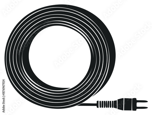 Black Power Cord Coiled Illustration Electric Plug in Black and White Minimalist Style Cable