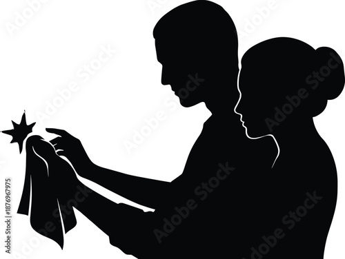 Silhouette couple lighting spark together, hope and inspiration concept, shared dreams, creativity and emotional connection, symbolic relationship illustration artwork