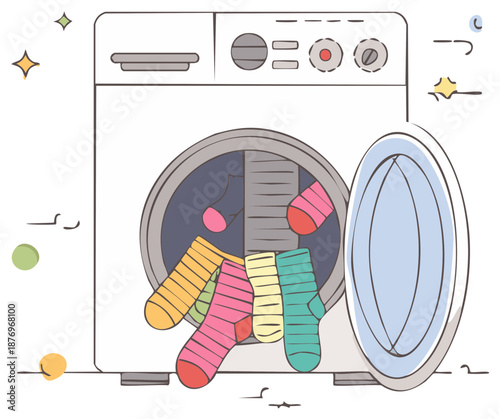 Cartoon socks tumbling out of open washing machine door with sparkling clean effect
