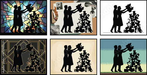 Silhouette couple organizing cluttered items, teamwork sorting pile of objects including books, clock, gifts, office supplies, symbolic decluttering concept illustration