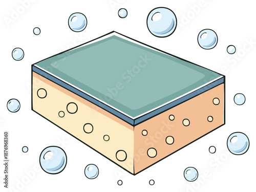 Kitchen cleaning sponge with soap bubbles cartoon vector illustration