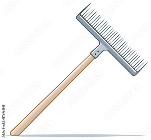 Illustration of a metal and wood garden rake used for collecting leaves and debris or for soil preparation