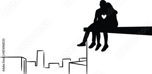 Silhouette couple sitting on rooftop overlooking city, romantic love and togetherness concept, emotional connection, peaceful urban night illustration artwork
