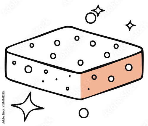 Hand Drawn Cleaning Sponge with Suds and Bubbles for Household Chores and Housekeeping Equipment Illustration