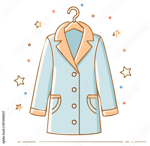 Cute cartoon drawing of a stylish pastel blue coat hanging on a clothes hanger with stars
