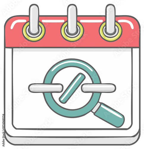 Cartoon calendar with search magnifying glass and minus symbol for date finding and exclusion