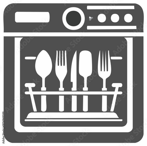 Automatic Dishwasher Machine with Clean Cutlery and Utensils Icon for Kitchen