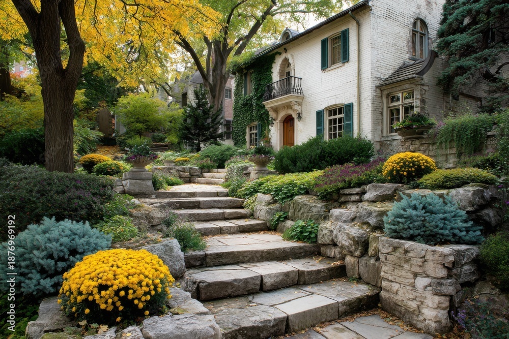 Obraz premium In a charming residential neighborhood, vibrant flowers are in full bloom by a cozy house that features beautiful stone steps and a lovely autumn garden