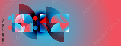 Abstract geometric shapes overlap, creating dynamic composition. Red, blue hues dominate gradient background. Modern design elements present.