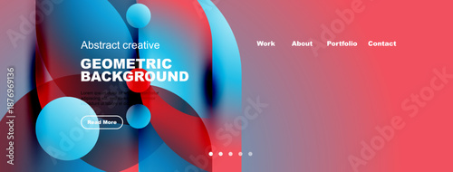 Abstract website mockup features vibrant geometric shapes, text overlays, navigation menu. Modern design, colorful gradients present.