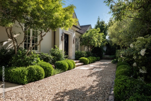 Beautiful pathway lined with shrubs and stones leads to a house surrounded by green trees during a clear sunny day in a garden setting