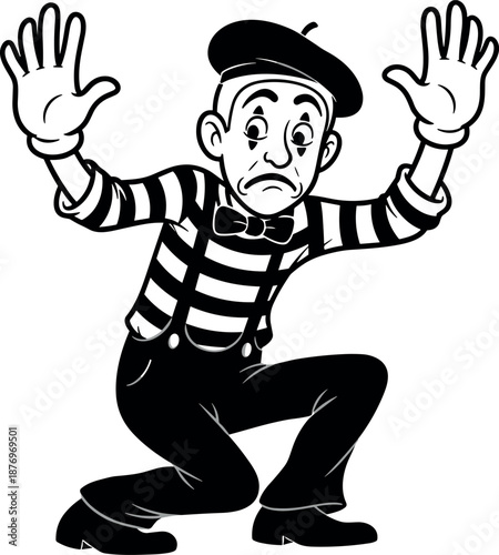 A cartoon clown with a distressed expression, wearing a black beret and striped shirt on transparent background