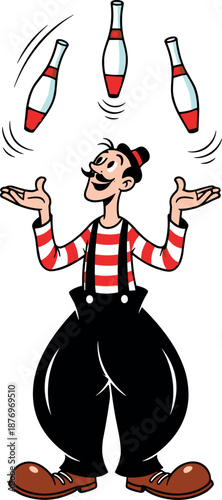 A cartoon juggler dressed as a clown performing with colorful bowling pins on transparent background