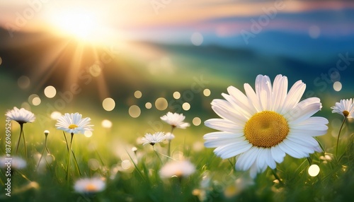 A Scene Inspired By A Blooming Daisy On A Lush Green Meadow With Delicate Sparkles And A Pastel Sky Adding To The Enchanting Atmosphere