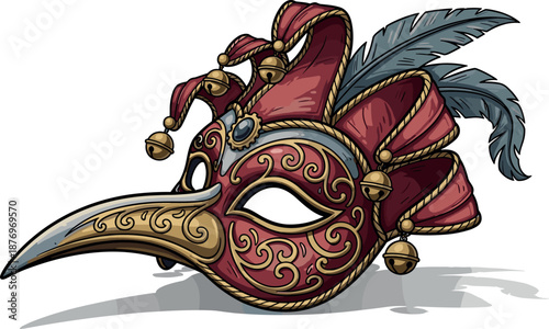 A detailed Venetian-style masquerade mask with feathers and intricate gold accents on transparent background