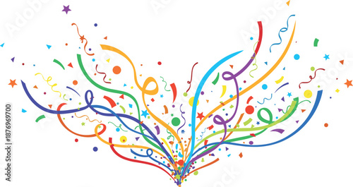 A vibrant celebration scene with colorful streamers and confetti spreading outward on transparent background