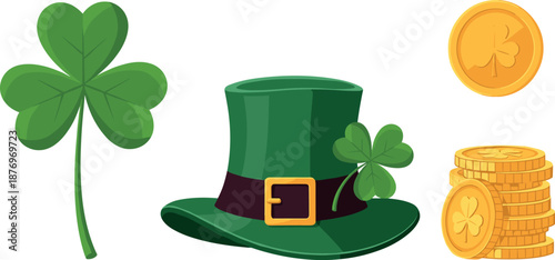 A collection of St. Patrick's Day themed items including a shamrock hat, gold coins, and a four-leaf clover on transparent background