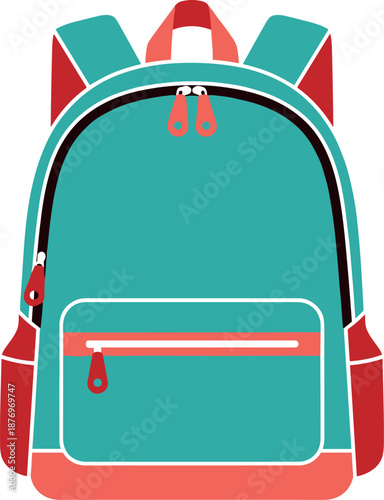 A colorful backpack with red, turquoise, and white details designed for students on transparent background