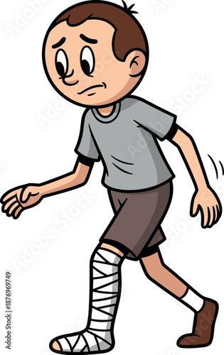 A worried man with a broken leg walking with a crutch on transparent background